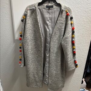 English Factory Gray Sweater with Colorful Pom-Poms